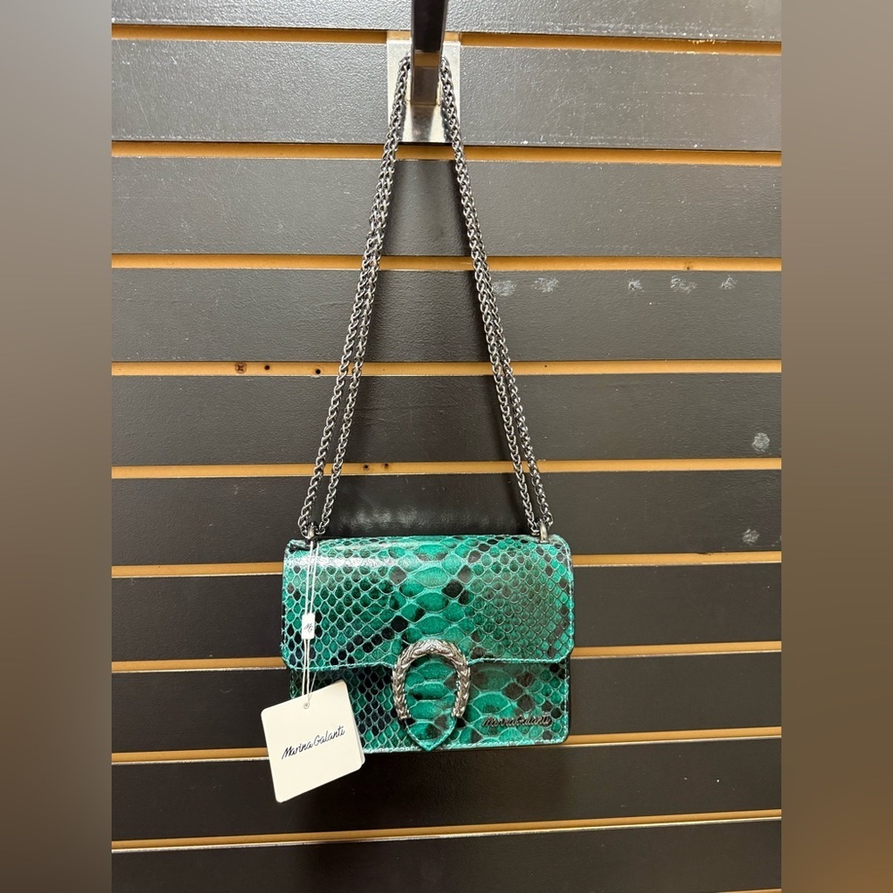 Marina Galanti Italy Green Python-Embossed Leather Chain Crossbody Bag NWT